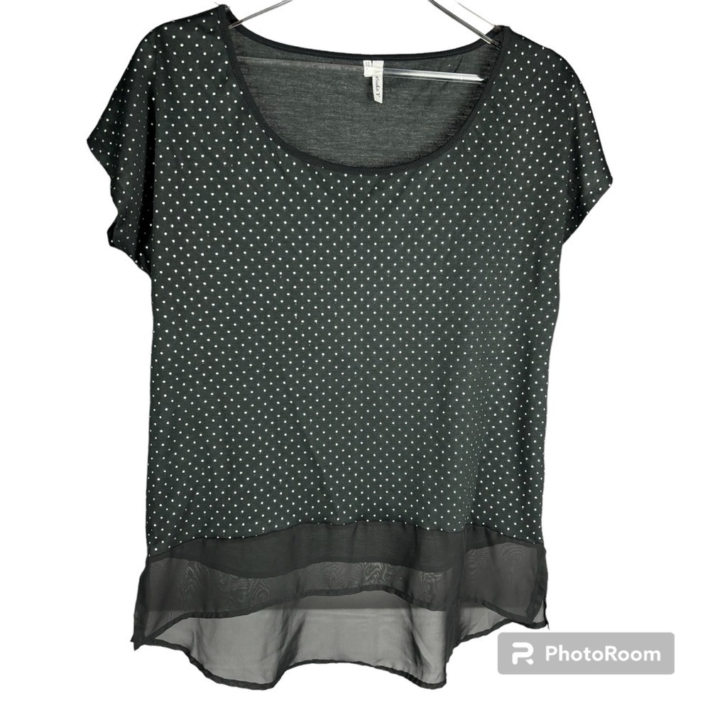 Studio Y Short Sleeved Black Blouse With Silver Polka Dots